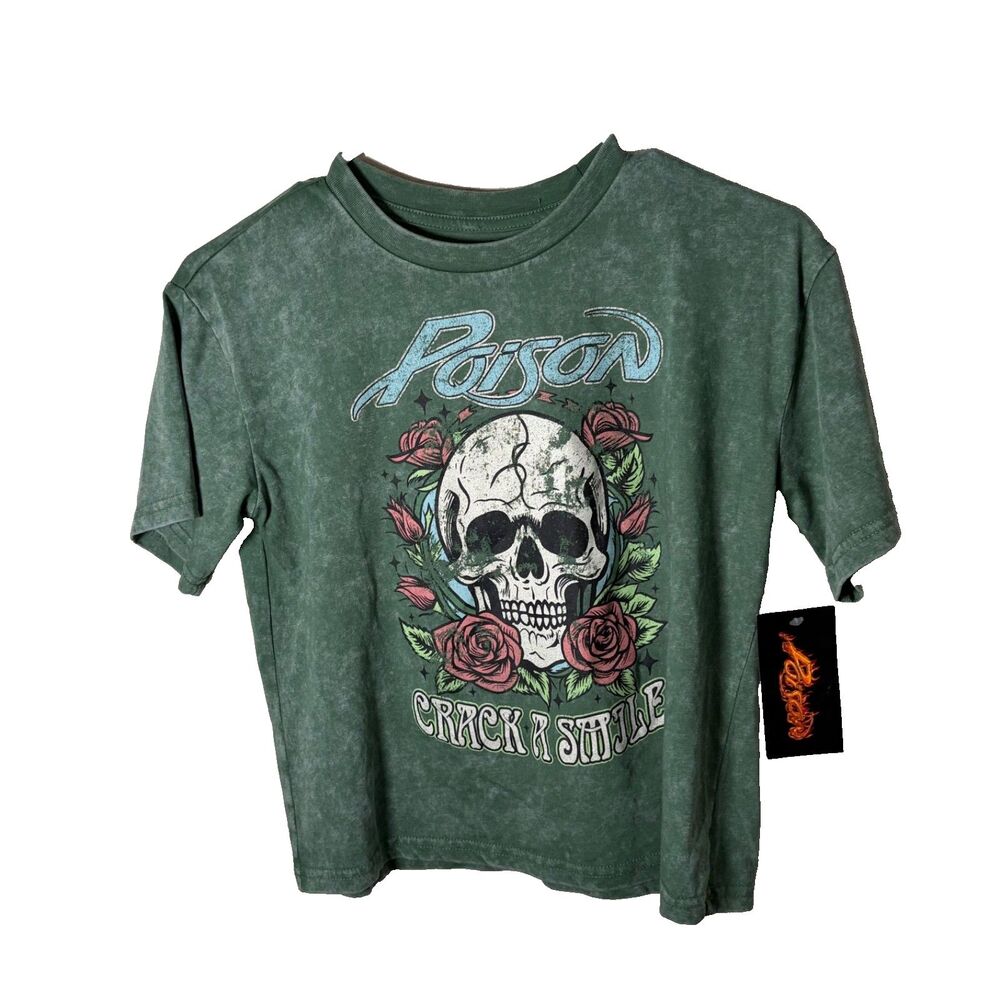 Poison T-Shirt Women's Small Green Logo Cropped Short Sleeve Crew Neck Top